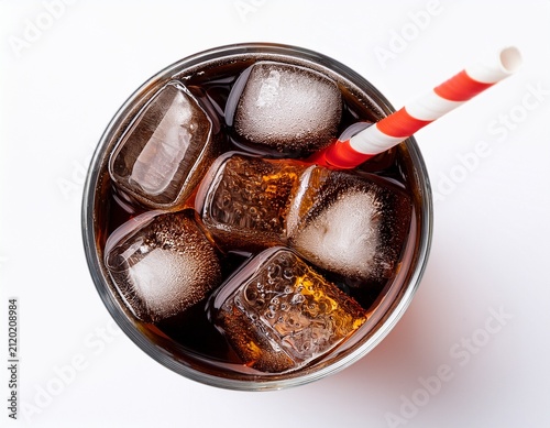 coke in glass top view or high angle shot coca cola with ice and drinking straw isolated on a white background a white background