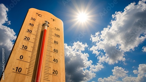 Thermometer Showing High Temperature Against Bright Sun in Blue Sky representing Heatwave