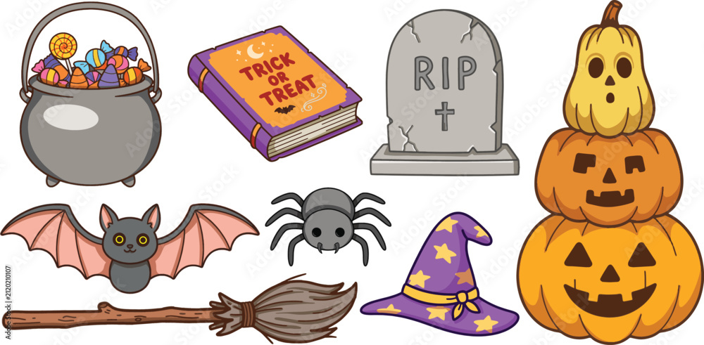 Fototapeta premium Cute halloween vector element set with pumpkins, bat, witch hat, cauldron, broom, spellbook, gravestone, and spider isolated