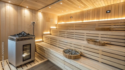 Modern wooden sauna interior with heater and benches