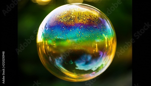 A Round Iridescent Soap Bubble With A Rough Texture And Yellow Green And Blurred Colors