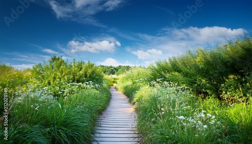 Pathway Through Green Plants And Flowers In A Natural Setting Under Blue Sky