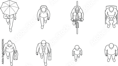 Top View People Line Art Collection Featuring Walking Cycling Sitting Shopping and Everyday Human Poses