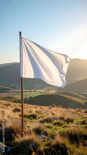 A waving white flag on a serene mountain summit at sunset symbolizes truce, hope, and fresh beginnings. Evoking deep peace and absolute freedom, this scenic view has nobody.