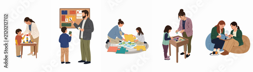 Illustration of diverse educational activities for children including building blocks, puzzle solving, sensory play, and digital learning with teachers and parents.