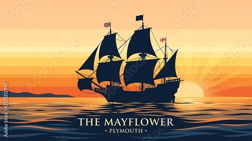 Clean, historical flat vector design with little text and a silhouette of a mayflower ship sailing at dawn