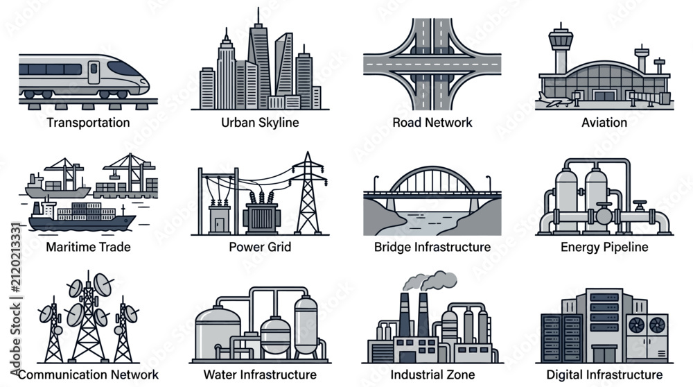 Fototapeta premium Technical urban infrastructure and industrial utility icons.