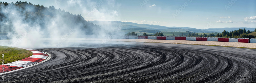 Obraz premium Tire smoke and black skid marks on asphalt race track curve during drift action. Curved speedway road with red and white curb barrier against mountain landscape under daylight, motorsport banner