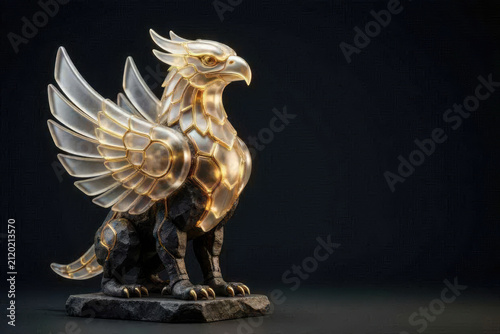 Minimalist 3D Griffin Sculpture of Frosted Glass, Basalt, and Glowing Gold Circuits.