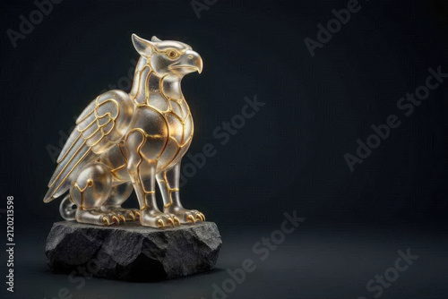 Minimalist 3D Griffin Sculpture of Frosted Glass, Basalt, and Glowing Gold Circuits.