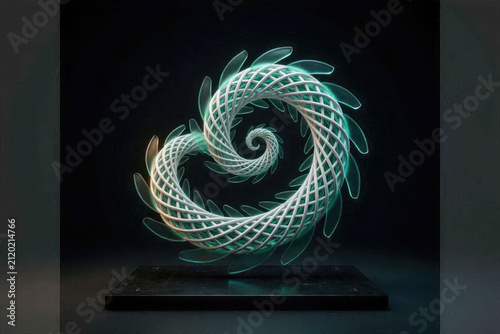 Minimalist 3D parametric Quetzalcoatl sculpture with levitating glass fins.