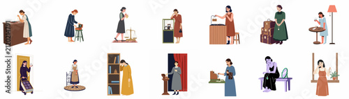 Illustrations of sad women selling jewelry and personal belongings due to financial hardship and poverty.