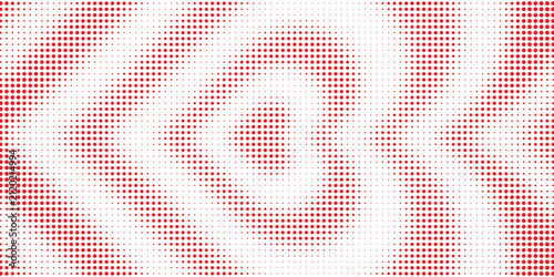 Abstract background with red halftone dot wave pattern on white background.