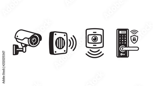Smart home security system icons with camera, speaker, intercom and digital door lock with key