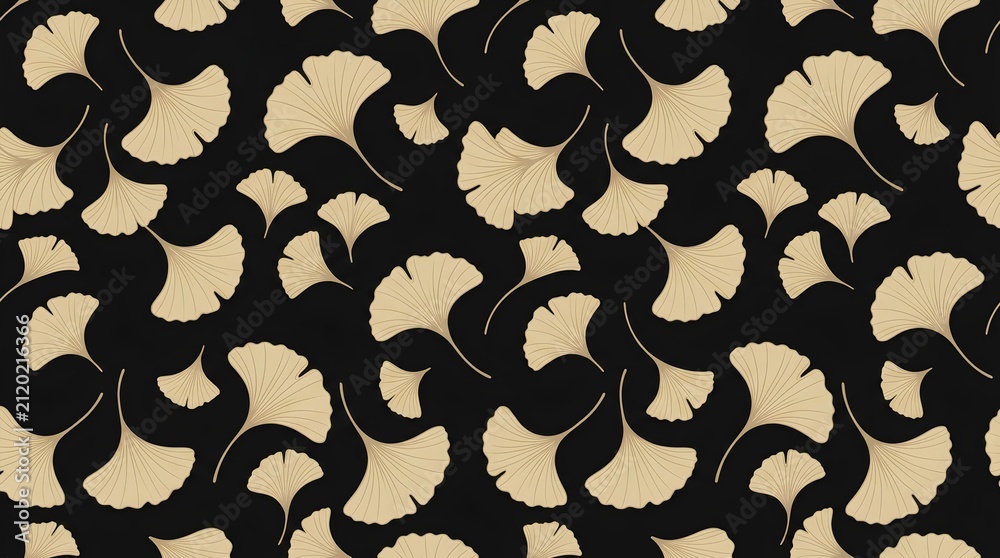 Seamless Ginkgo Leaf Pattern Gold Art Deco Black Wallpaper Background Luxury Botanical Fabric