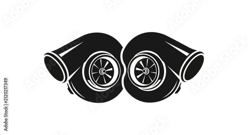 Twin Turbocharger Silhouette, Automotive Performance Engine Part, Black and White