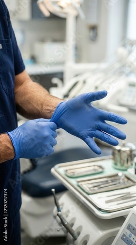 Dental professional prepares for a clinical procedure donning protective blue medical gloves within a sterile modern dental office environment focused on patient safety
