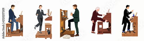 Bild auf Leinwand Flat illustration set of diverse professional organists and musicians playing and interacting with classical pipe organ consoles in formal attire on white background