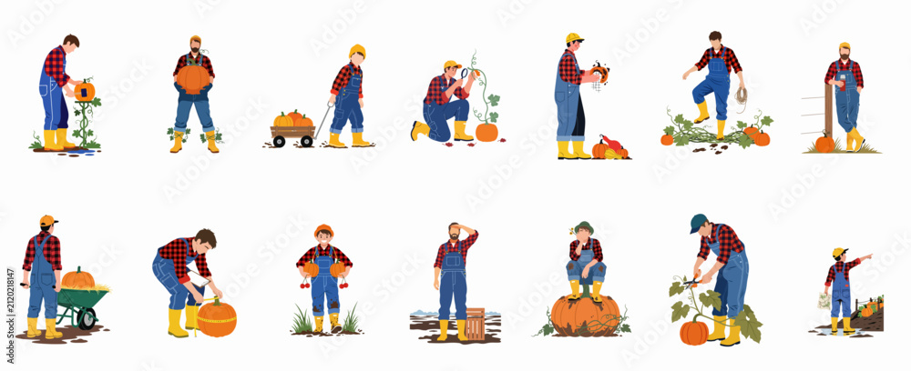 Fototapeta premium Collection of flat vector characters engaged in pumpkin farming, harvesting, and gardening activities, featuring farmers, children, and seasonal produce.