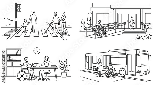 Daily life scenarios showing accessibility for people with disabilities now.