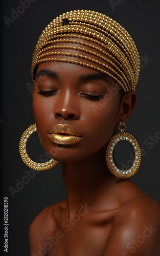 Closeup Portrait of Woman with Golden Headpiece and Metallic Makeup