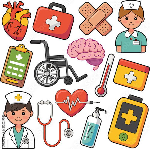 Healthcare professionals and emergency care sticker sheet with nurse, doctor, anatomical heart, brain, bandages, ECG monitor, sanitizer, ambulance and medical kits in colorful cartoon style