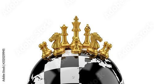 Golden chess pieces standing on top of a black and white globe sphere