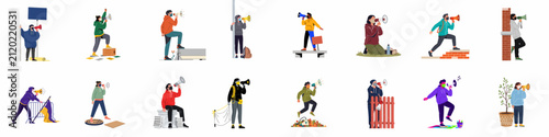 Diverse characters wearing face masks and using megaphones for social activism and protest, isolated vector illustration collection on white background.