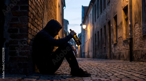 Depressed man sitting alone in a narrow cobblestone alleyway at dusk holding a bottle of alcohol