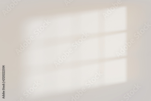 A four-pane window shadow template with blurred shapes on an empty white wall with copy space. Bright sunlight with a sharp shadow overlay effect. Minimalist interior background mockup, 3D rendering.