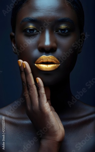 Closeup Portrait of Dark‑Skinned woman  with Gold Makeup and Nails