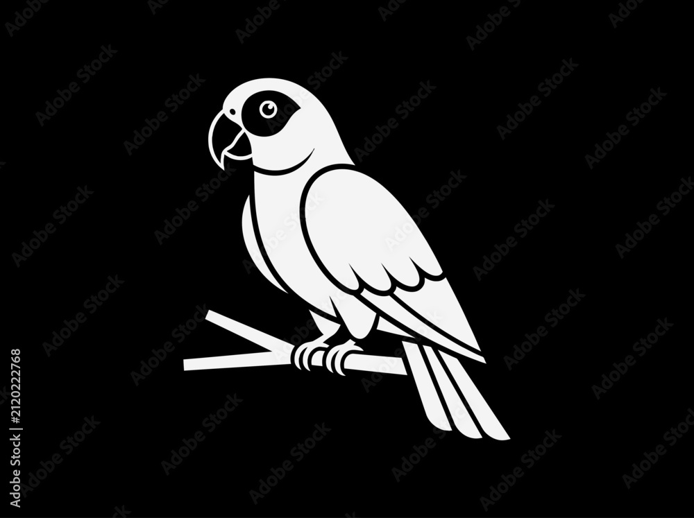 Fototapeta premium Stylized monochrome illustration of a parrot, an exotic bird with a watchful eye, perched on a branch, perfect for tropical themes and wildlife designs