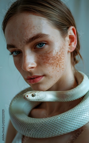 Freckled Person Portrait with White Snake Coiled Around Neck in Artistic Style