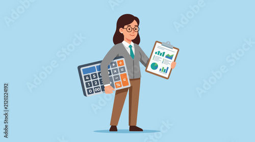 Professional female accountant holding a calculator and financial report document.