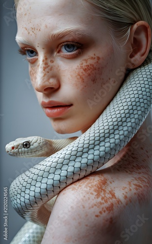 Closeup Portrait of Freckled Person with White Snake Coiled Around Neck and Shoulder