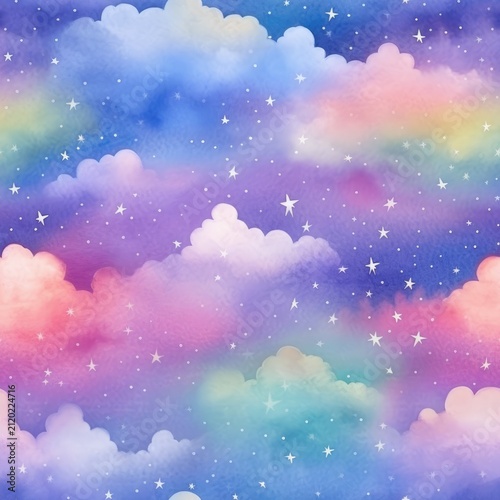 Background from magical fairy-tale gentle rainbow clouds with stars. For design of holiday invitations and cards.