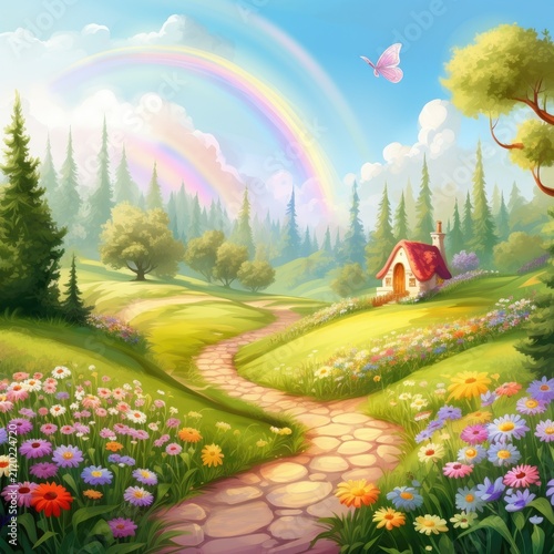 Path with flowers and rainbow