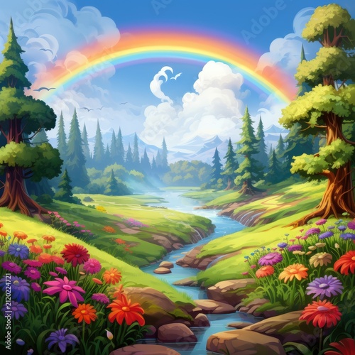 Rainbow over valley with mountains and trees