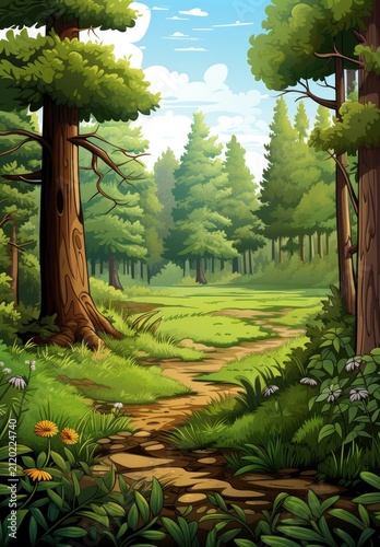 Forest path with mushrooms and trees