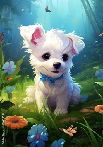 A small cute white dog in a clearing full of flowers and butterflies in the middle of the forest.