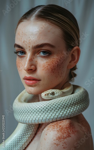   
Closeup Portrait of Freckled Person with White Snake Coiled Around Neck