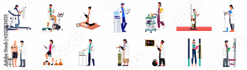 Set of flat vector illustrations of sports medicine professionals, clinicians, and researchers using medical equipment to monitor health, performance, and fitness levels.