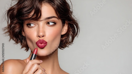 Young Brunette Woman Applying Lip Gloss with Glamorous Makeup and Beautiful Smile in Close Up Beauty Portrait