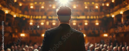 Businessman Delivering Keynote Speech at a Packed Conference Hall under Dramatic Lighting