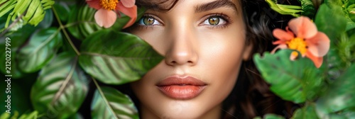 Closeup Portrait of Woman Amidst Vibrant Green Leaves and Colorful Flowers