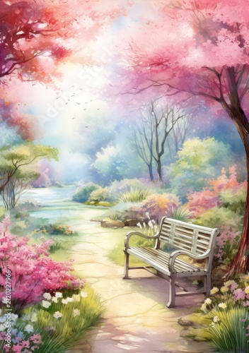 A park painting with bench and flowers