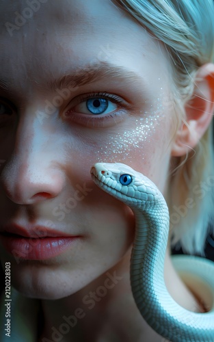 Closeup Portrait of Person with Blue Eyes and White Snake Resting on Face