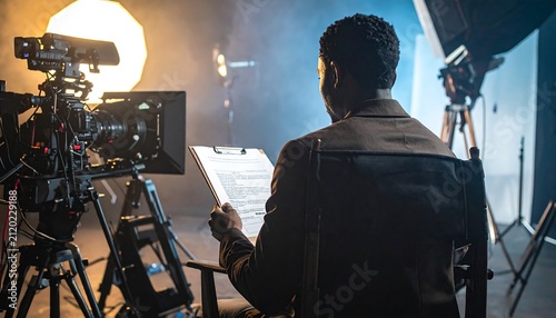 Film Set Director Reading Script.