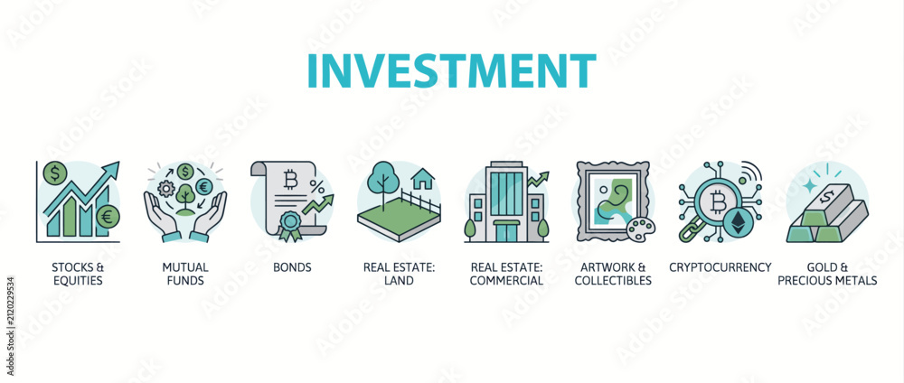 Fototapeta premium Investment asset classes icon set. Financial portfolio diversification and wealth management.