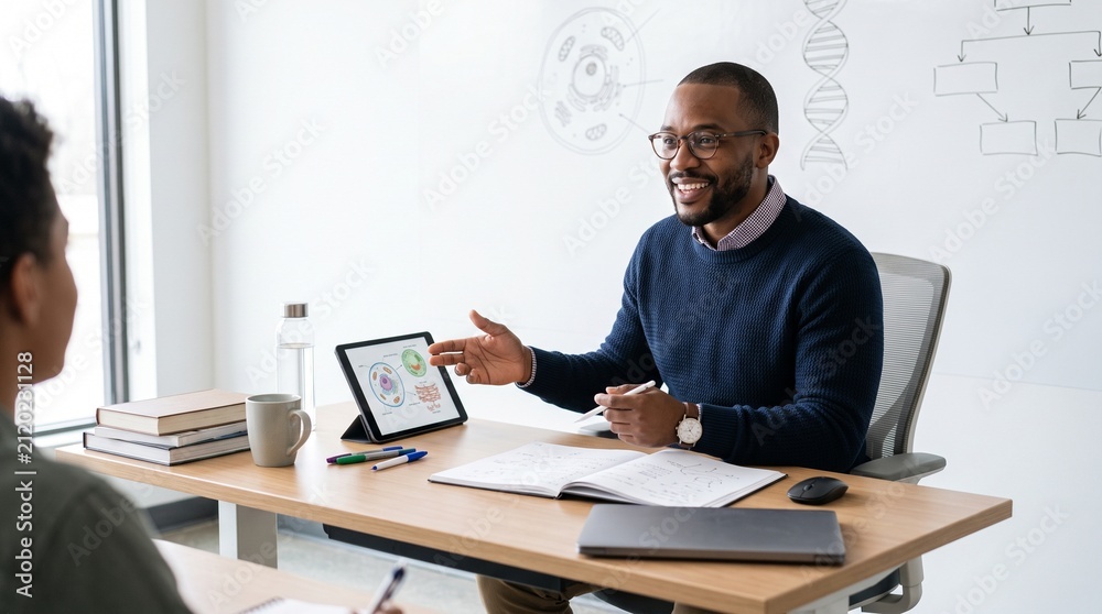 Fototapeta premium Professor explains cell biology diagram on tablet to student in modern classroom setting